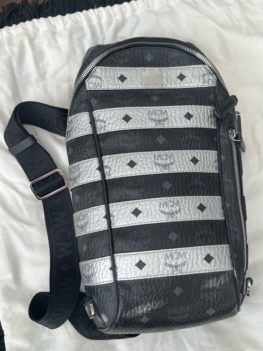 MCM Black and Silver Striped Leather Sling Belt Bag
